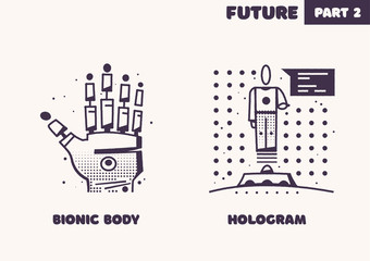 Technologies of the future. Retro icon set. Flat vector illustration