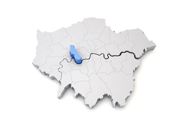 Greater London map showing Hammersmith and Fulham borough in blue. 3D Rendering