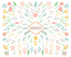 Vector illustration of leaves, flowers, plant and nature elements.