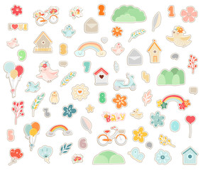 Spring vector illustrations of label for children. Set of flowers, birds, rainbow, bicycle.
