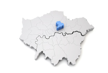 Greater London map showing Hackney borough in blue. 3D Rendering