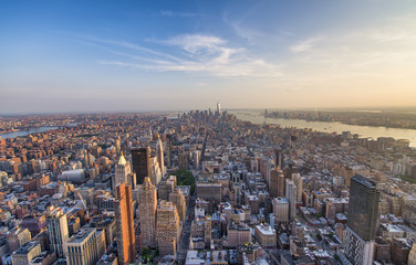 New York City, USA. Night aerial view of Midtown and Downtown Manhattan skyscrapers from a high viewpoint