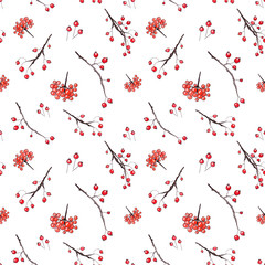 Seamless pattern of twigs with red berries. Autumn Rowan and viburnum berries drawn in watercolor and ink, suitable for textiles and covers
