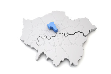Greater London map showing Camden borough in blue. 3D Rendering