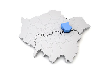 Greater London map showing Newham borough in blue. 3D Rendering