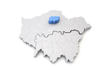 Greater London map showing Haringey borough in blue. 3D Rendering