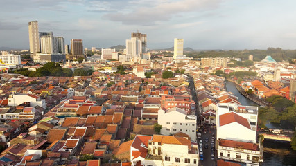Malacca aerial view at sunset. Sky colors over Melaka city skyscrapers