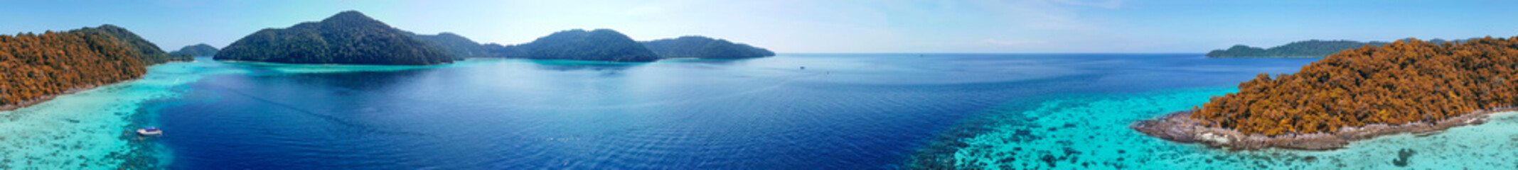 Surin Islands, Thailand. Panoramic aerial view of lagoon and forest on a sunny day