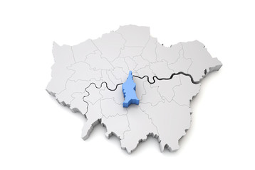 Greater London map showing Lambeth borough in blue. 3D Rendering