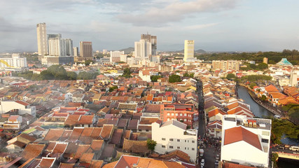 Obraz premium Melaka aerial view at sunset. Buildings of Malacca, Malaysia