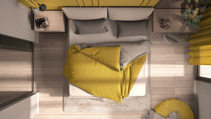 Minimal classic bedroom in yellow tones, double bed with duvet and pillows, side tables, lamps, carpet. Parquet floor, top view, plan, above, cross section, interior design idea