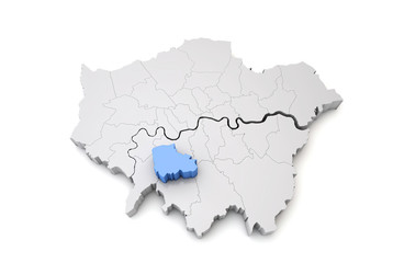 Fototapeta na wymiar Greater London map showing Merton borough in blue. 3D Rendering