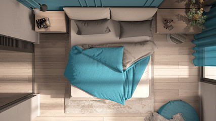 Minimal classic bedroom in blue tones, double bed with duvet and pillows, side tables, lamps, carpet. Parquet floor, top view, plan, above, cross section, interior design idea