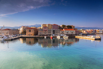Old Venetian port of Chania at sunrise, Crete. Greece