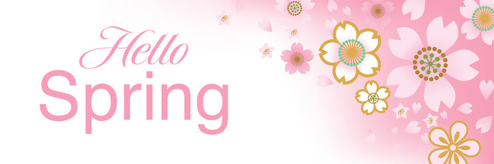 Cherry blossom flower confetti - banner ratio - included words "Hello spring"