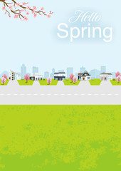 Residential area in spring nature, vertical layout - included words "Hello spring"