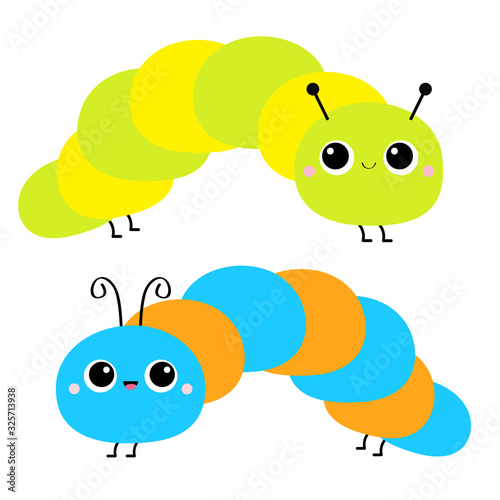 Cute Crawling Catapillar Bug Caterpillar Insect Icon Set Cartoon Funny Kawaii Baby Animal Character Colorful Bright Blue Green Yellow Orange Color Flat Design White Background Isolated Wall Mural Worldofvector