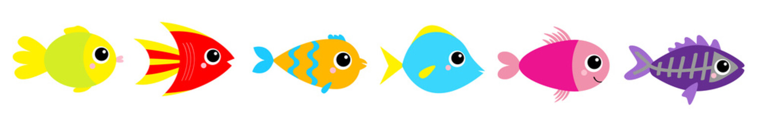 Fish icon set line. Cute cartoon kawaii funny character. Baby kids collection. Aquarium sea ocean animals. Marine life. White background. Isolated. Flat design.