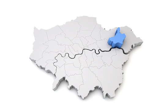 Greater London map showing Barking and Dagenham borough in blue. 3D Rendering