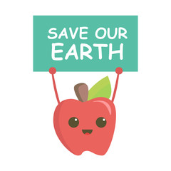 apple mascot holding board written save our earth