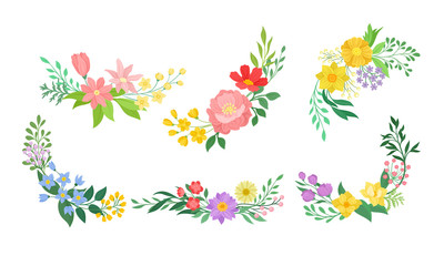 Floral Arrangement with Twigs and Flowers for Corner Decoration Vector Set