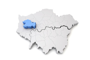 Greater London map showing Ealing borough in blue. 3D Rendering