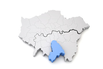 Greater London map showing Croyden borough in blue. 3D Rendering