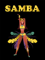 Brazilian Samba Dancer. Beautiful Carnival Girl is In Festival Costume In Dance On Black Background. Beautiful Woman Wearing a Festival Costume is Dancing. Cartoon Flat style. Vector illustration