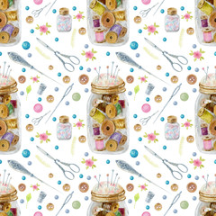 Watercolor seamless background with sewing accessories.