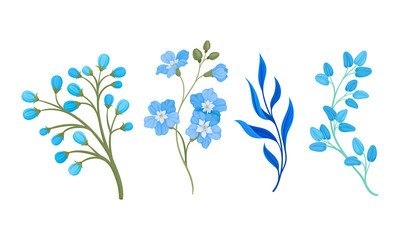 Blue Full-blown Flowers and Leaves Decorative Elements Vector Set