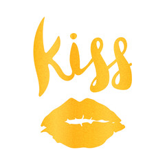 Fototapeta premium Golden lips, kiss. Lettering text kiss. Vector image imitation of gold.