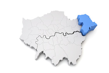 Greater London map showing Havering borough in blue. 3D Rendering