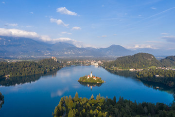 Aerial view of the Pilgrimage Church of the Assumption of Maria on Bled Island in Bled Lake, Slovenia