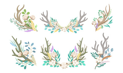 Botanical Composition with Deer Horns and Cotton Flowers Vector Set