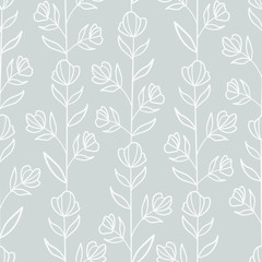 Vector seamless pattern with white vertical flower twigs on gray background; floral abstract design for fabric, wallpaper, textile, web design.