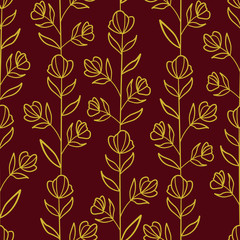 Vector seamless pattern with golden vertical flower twigs on dark red background; floral abstract design for fabric, wallpaper, textile, web design.