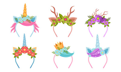 Headbands with Flowers and Decorative Elements like Horns and Crown Vector Set