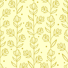 Vector seamless pattern with golden vertical flower twigs; floral abstract design for fabric, wallpaper, textile, web design.
