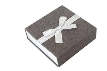 Gray gift box with textile bow on a white background