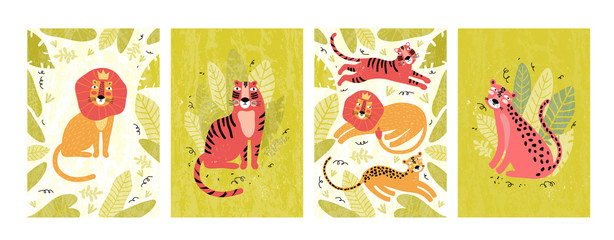 Cute leopard, tiger and lion in the jungle. Set of vertical postcards and banners in vector. Funny wild animal in tropical leaves and plants. Exotic cat cartoon character. Hand drawn illustration.