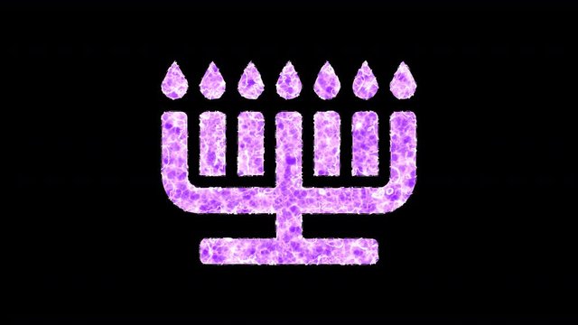 Symbol menorah shimmers in three colors: Purple, Green, Pink. In - Out loop. Alpha channel Premultiplied - Matted with color black