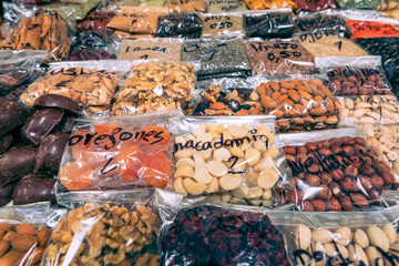 Traditional ecuadorian food market selling spices products and other food items in Cuenca, Ecuador, South America.