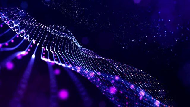 4k looped science fiction particle background with bokeh and light effects. Glow blue particles form lines, surfaces, complex structures in smooth motion like in the microworld or space. 9