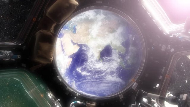 Professional, photo-realistic animation of Earth from the International Space Station. The camera slowly floats through the window out into space. Clip contains, the Earth, stars, space, space station