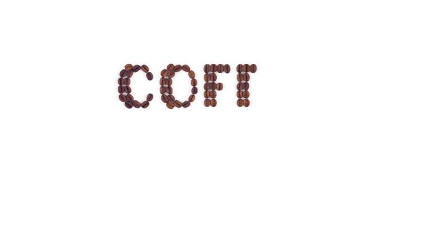 Stop motion set of animation roasted coffee beans arranged in word &lsquo;COFFEE MENU&rsquo; on white background.