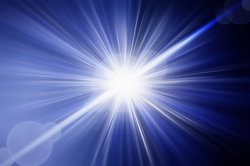 Flash light, lens flares, sun beams effect over dark blue background. Abstract backdrop