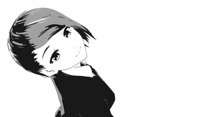 Anime Girl Comic Cartoon Character in Business Suit or Japanese School Uniform standing in front of a white background with a confident smile it's Anime Manga Girl in black and white