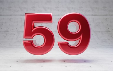 Red number 59. Metallic red color digit isolated on concrete background.