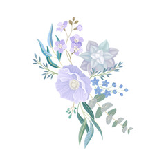 Blue Flower Arrangement with Branches and Lush Twigs Vector Illustration