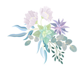 Blue Flower Arrangement with Branches and Lush Twigs Vector Illustration